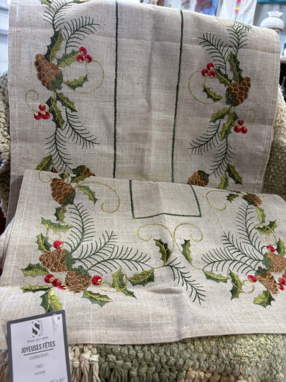 Embroidered Pine Cone & Holly Table Runner -  Holiday Linen Blend Table Runner